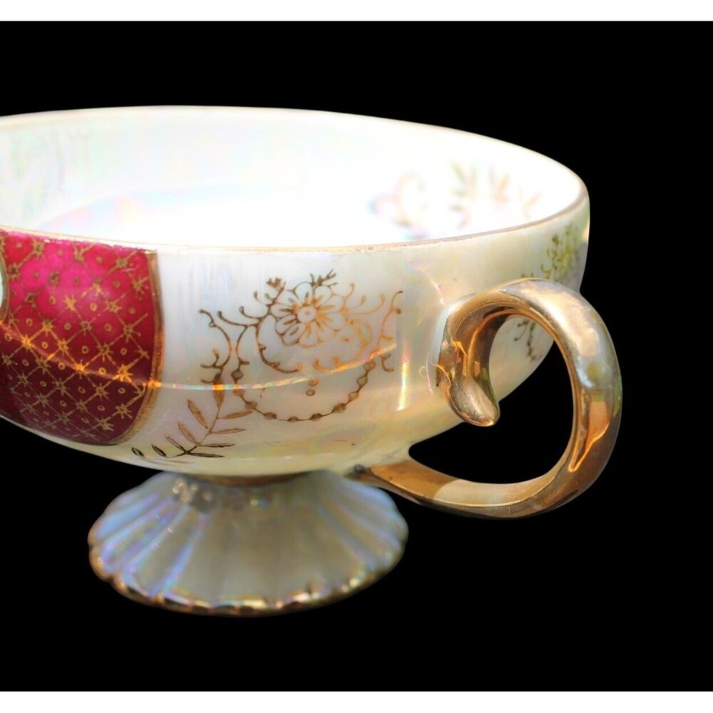 Royal Sealy Vintage Gold & Red Tea Cup & Saucer Set Intricate Cutout Design Perf - Picture 3 of 10